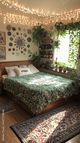 Bedroom with bed decorated with lights and wall art in a home.
