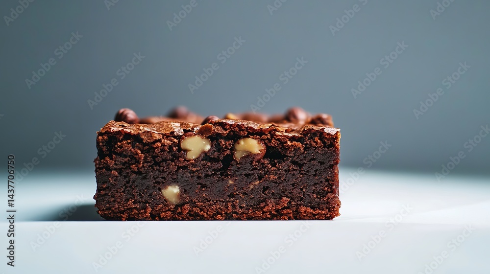 Hazelnut Brownie in Indoor Studio Photoshoot with Strobe Lights, Harsh Shadows, and Photorealistic Details on Clean Pastel Background Hazelnut Brownie in Indoor Studio Photoshoot with Strobe Lights, Harsh Shadows, and Photorealistic Details on Clean Pastel Background