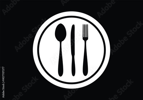 Fork, spoon, knife and plate. Menu symbol. Tableware instruments. Restaurant icon. Food, plate, fork, knife, spoon, cutlery icon set.logo design