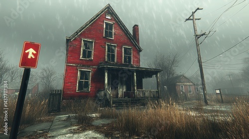 Red house stands in a desolate landscape with a crosswalk sign nearby.