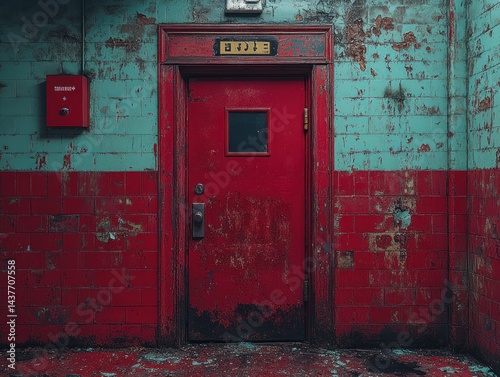 Red door with small window in a weathered teal and red wall.