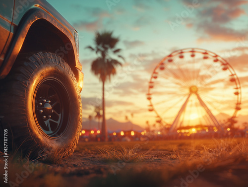 Colorful Ferris wheel at Coachella with off-road vehicle in sunset  