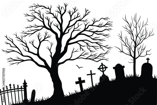Black silhouettes of halloween tombstones crosses & trees