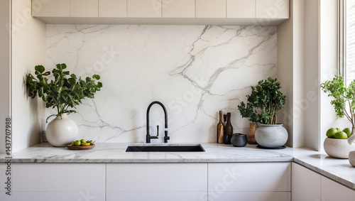 Chic Kitchen Niche Featuring Marble Splashback
