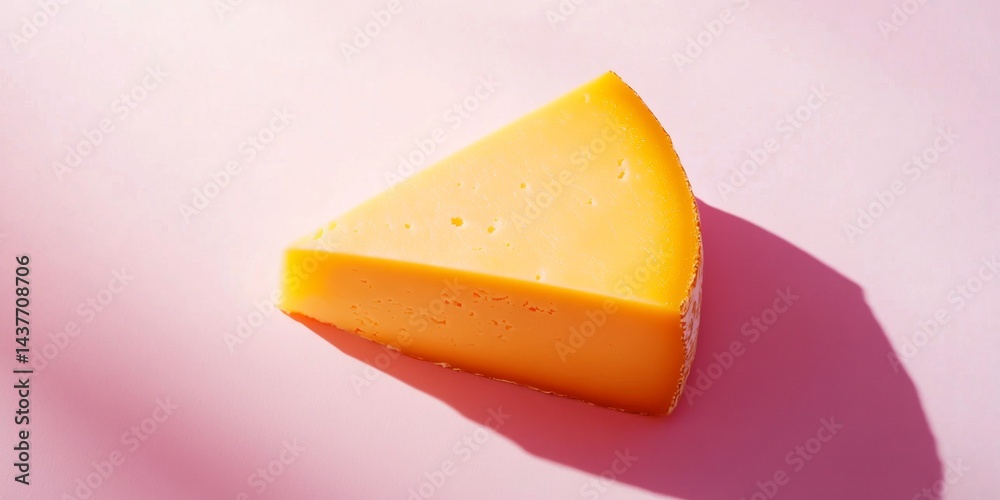 A vibrant piece of yellow cheese is resting on a soft pink backdrop. The contrast creates a striking visual. Perfect for food photography and culinary art.