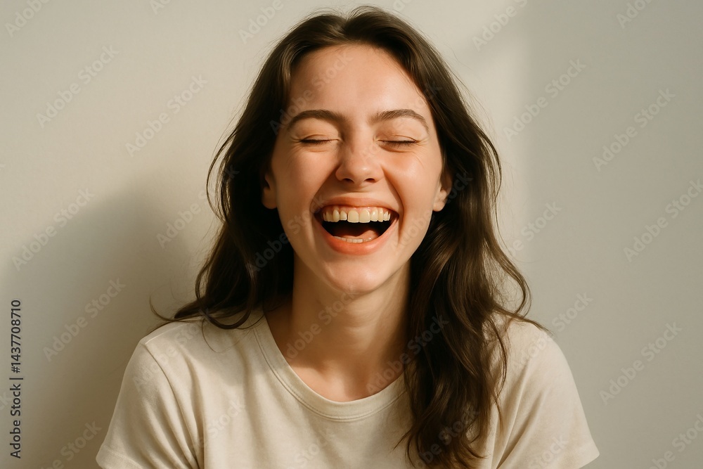Joyful woman laughing with eyes closed in soft natural light Joyful woman laughing with eyes closed in soft natural light