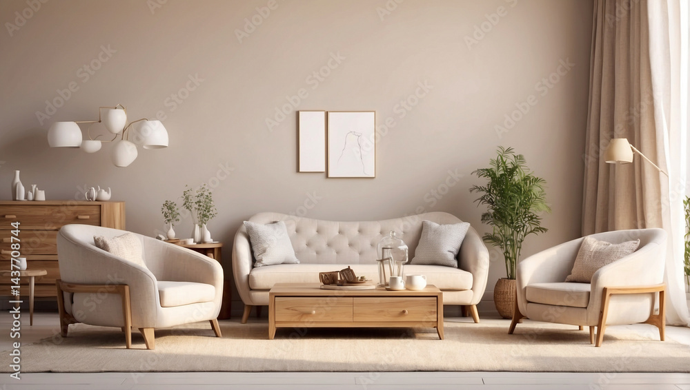 Fototapeta premium Cozy Light Living Room Interior Featuring Armchair and Decor