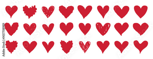 red heart icon set. Hand drawn textured hearts love concept signs