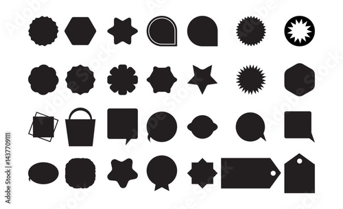 Black and White Shape Icon Set – Badge, Label, and Symbol Silhouette Collection , , stickers emblem on white for promo offer sales coupon, banner