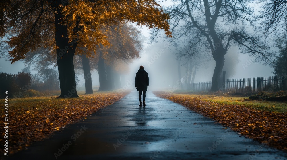 Obraz premium Woman walking autumn path, foggy park, leaves, solitude