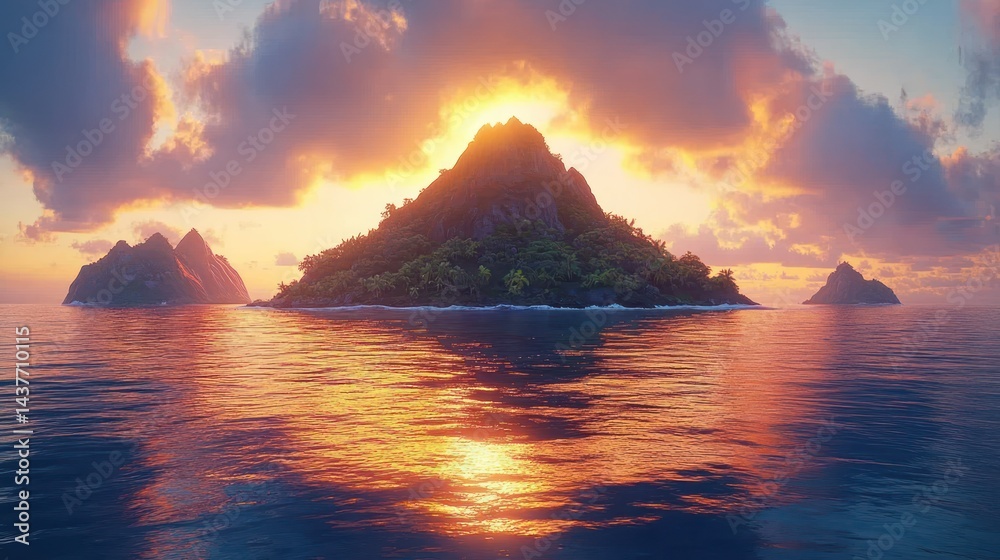 Fototapeta premium Tropical island sunset ocean paradise travel postcard