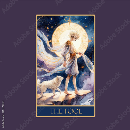 A watercolor Tarot card 'The Fool'.Tarot card colorful deck. Major arcana set part . Vector hand drawn engraved style. Occult and alchemy symbolism.