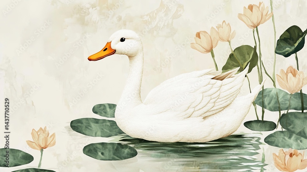 Obraz premium Handmade Embroidery Style Artistic White Duck, Capturing the Delicate Craftsmanship and Aesthetic Charm