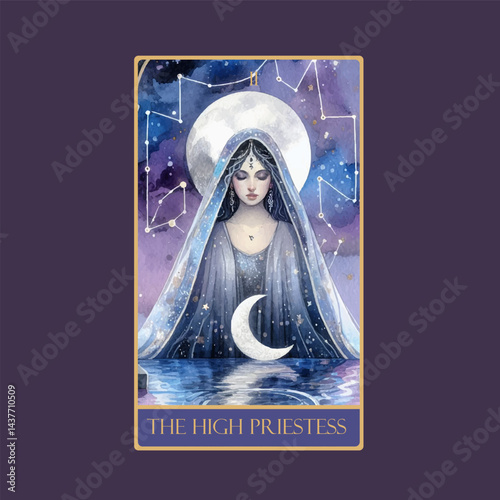 A watercolor Tarot card 'The High Priestess'.Tarot card colorful deck. Major arcana set part . Vector hand drawn engraved style. Occult and alchemy symbolism.
