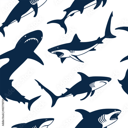 "Dynamic Shark Silhouette Collection Featuring Great White, Hammerhead, and Ocean Wildlife Scenes Vector Illustration"