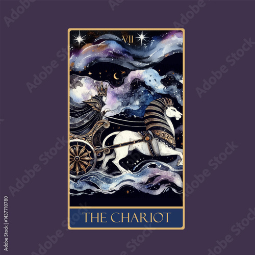 A watercolor Tarot card 'The Chariot'.Tarot card colorful deck. Major arcana set part . Vector hand drawn engraved style. Occult and alchemy symbolism.