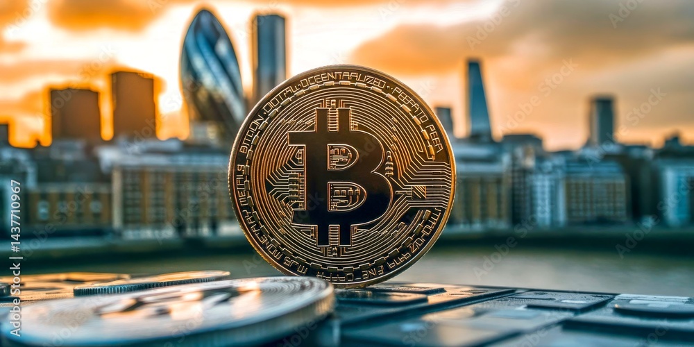 A stunning view of a Bitcoin coin in focus with a city skyline at sunset in the background. This captures the fusion of finance and technology, showcasing innovation in a vibrant style. AI