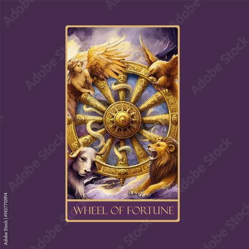 A watercolor Tarot card 'Wheel of Fortune'.Tarot card colorful deck. Major arcana set part . Vector hand drawn engraved style. Occult and alchemy symbolism.