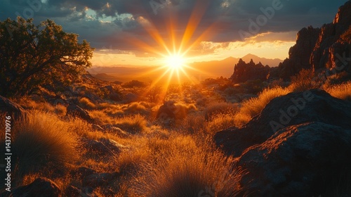 Sunset over desert landscape, sun rays, rocks, grasses, mountains