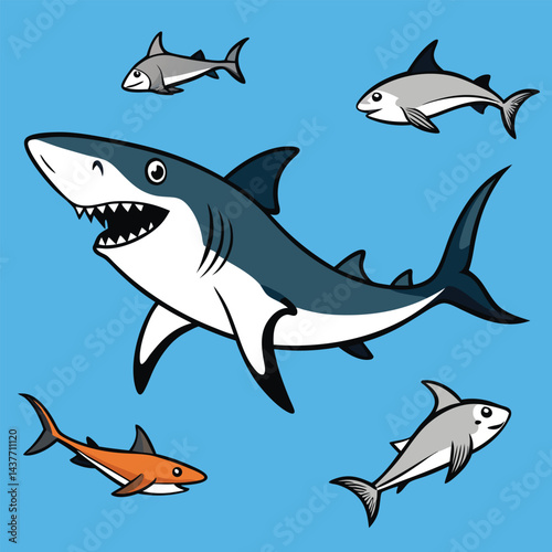 "Dynamic Shark Silhouette Collection Featuring Great White, Hammerhead, and Ocean Wildlife Scenes Vector Illustration"