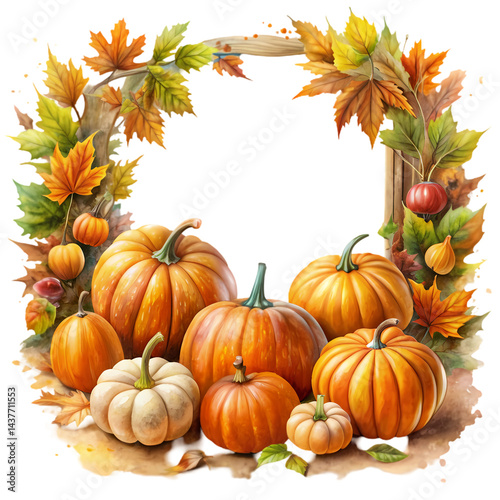 Autumn Harvest Pumpkins Fall Leaves  Thanksgiving Decorations isolated on transparent background