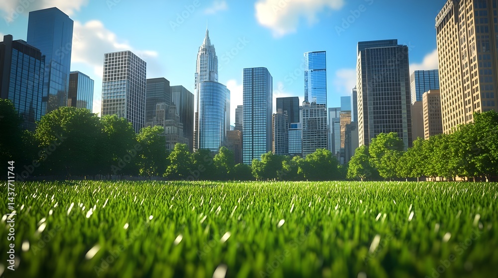 Fototapeta premium Large Grassy Field Surrounded by Trees and Tall Modern Buildings