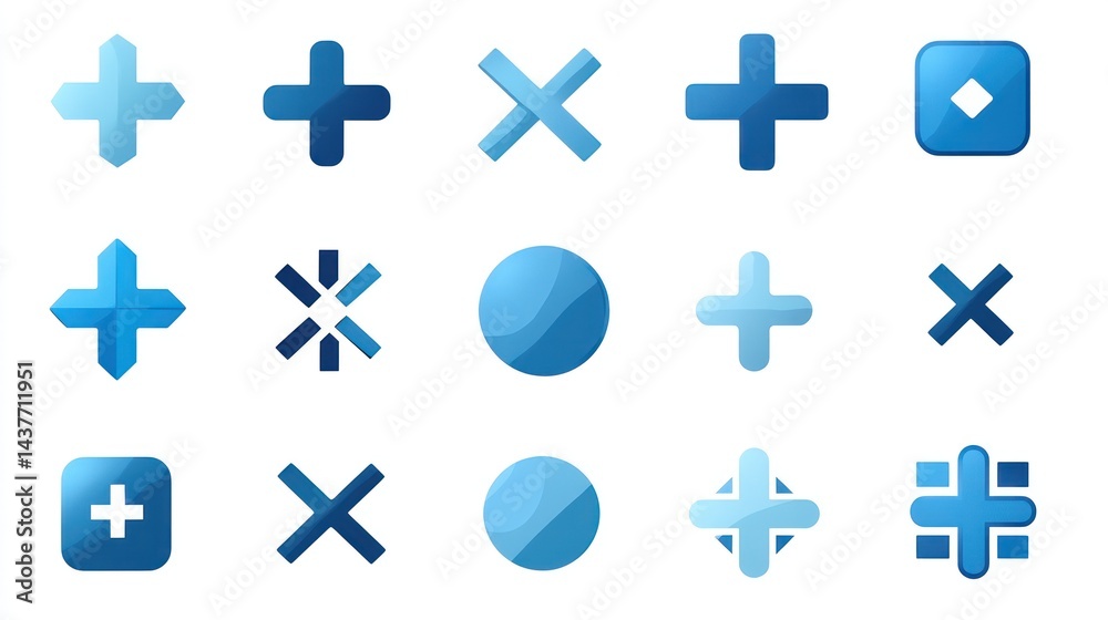 Fototapeta premium Blue cross, plus, and X symbols; interface design elements; white background; website icons