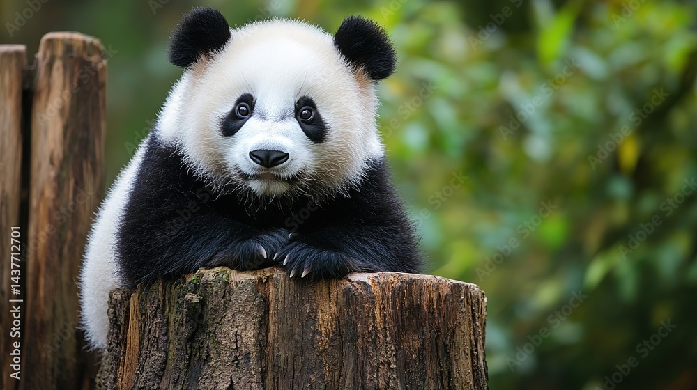 Obraz premium Adorable Panda Resting on an Ancient Tree Stump, A Heartwarming Scene of Nature and Serenity