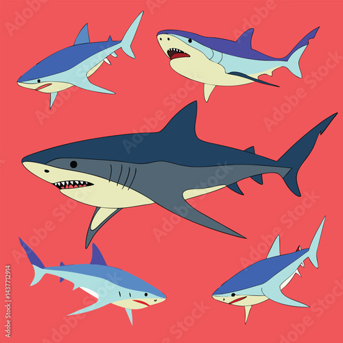 "Dynamic Shark Silhouette Collection Featuring Great White, Hammerhead, and Ocean Wildlife Scenes Vector Illustration"