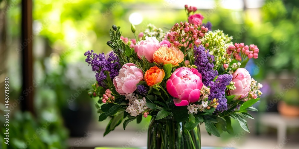 A beautiful bouquet of colorful flowers in a glass vase. Ideal for home decor or gift giving. Captured in natural light, the vibrant petals create a joyful, fresh atmosphere. AI