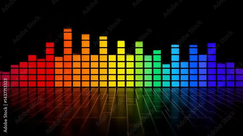Colorful audio equalizer bars rhythmically moving against black background  