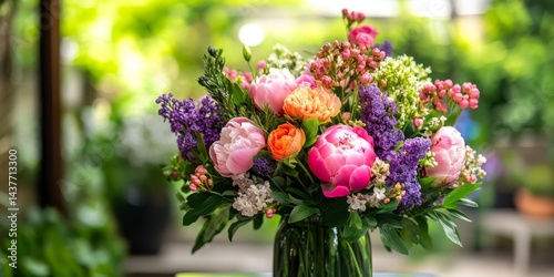 A beautiful bouquet of colorful flowers in a glass vase. Ideal for home decor or gift giving. Captured in natural light, the vibrant petals create a joyful, fresh atmosphere. AI