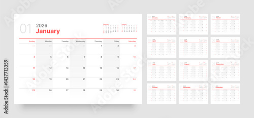 Monthly calendar layout for 2026 year. Diary planner for 2026 year. Week Starts on Sunday. 