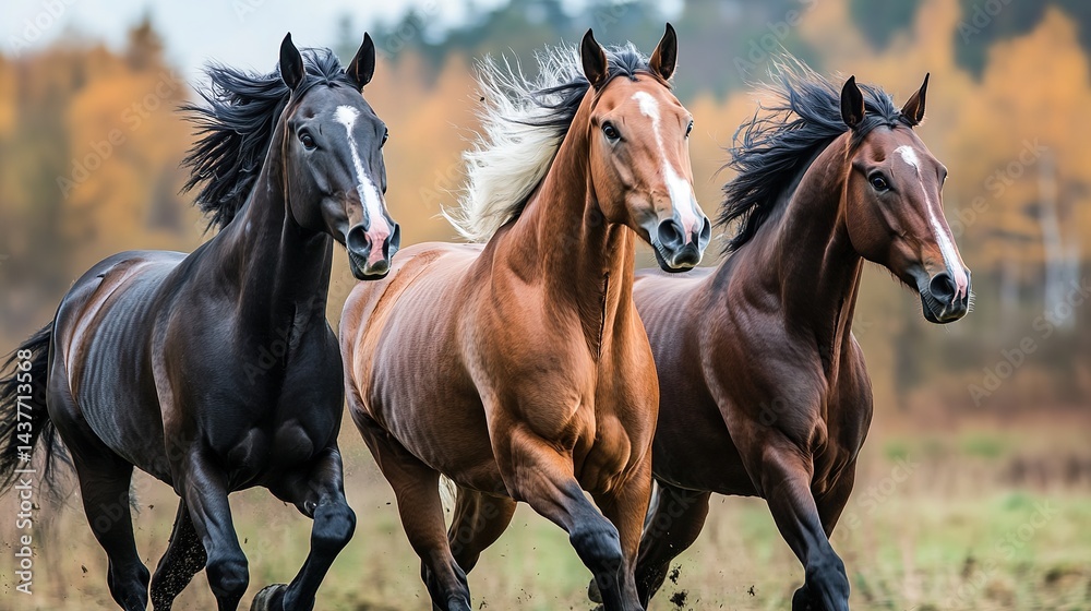 Obraz premium Dynamic Trio of Horses in Motion, Capturing the Essence of Freedom and Grace in Unscripted Harmony