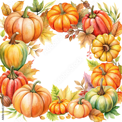 Autumn Pumpkin Wreath Watercolor Fall Harvest Image isolated on transparent background