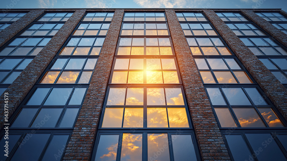 Fototapeta premium modern brick facade building with reflective windows showcasing sunset