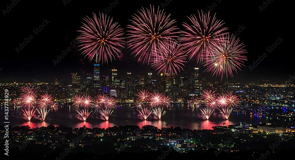 Obraz premium Fireworks bursting over a city skyline at night, capturing the celebration and energy of U.S. Independence Day