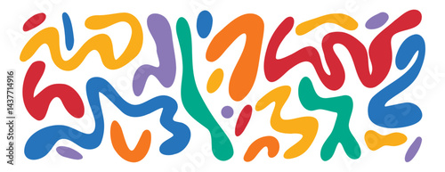Retro groovy hippie 60s 70s abstract shapes set. Fluid organic shape colorful blobs, wavy doodle stripes inscribed. Bold hand drawn lines, spots. 