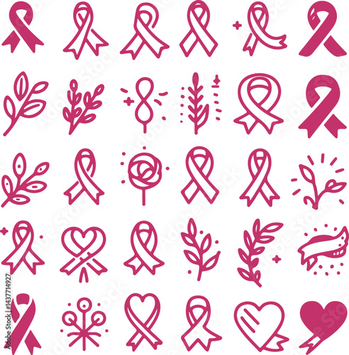 Sketchy Pink Filled Breast Cancer Awareness Ribbon Silhouette Vector On Isolated White Background