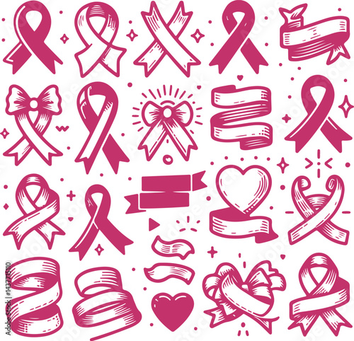 Sketchy Pink Filled Breast Cancer Awareness Ribbon Silhouette Vector On Isolated White Background