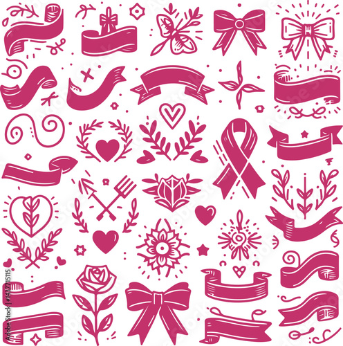 Sketchy Pink Filled Breast Cancer Awareness Ribbon Silhouette Vector On Isolated White Background
