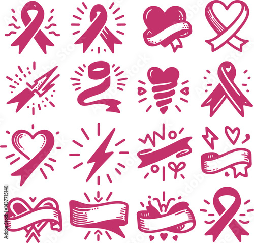 Sketchy Pink Filled Breast Cancer Awareness Ribbon Silhouette Vector On Isolated White Background