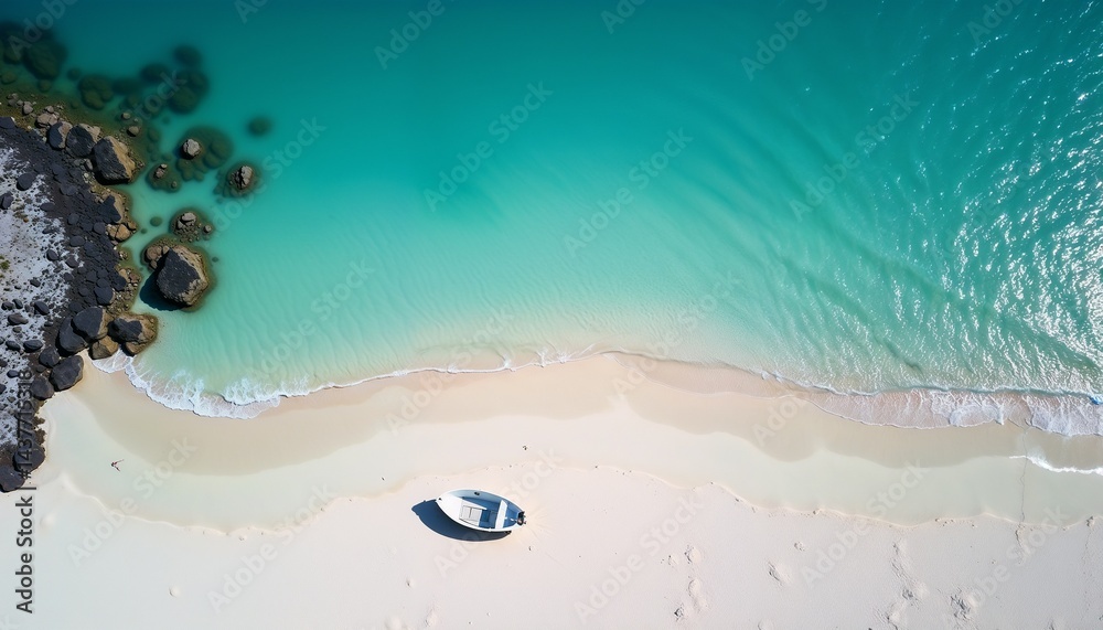 Calm beach setting with a single boat resting on the sandy shore in a tropical paradise