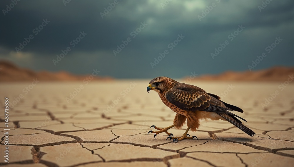 Bird walks on cracked earth under darkening clouds in arid landscape