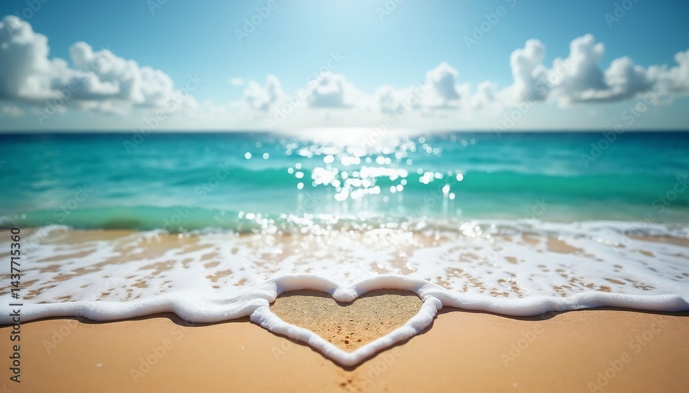 Ocean waves create heart shape on sandy beach under bright sunny sky