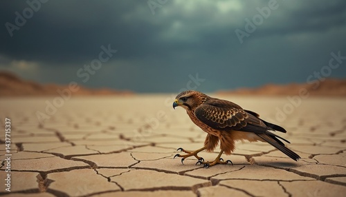 Obraz na płótnie Bird walks on cracked earth under darkening clouds in arid landscape w salonie