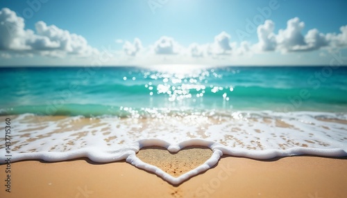 Obraz na płótnie Ocean waves create heart shape on sandy beach under bright sunny sky w salonie