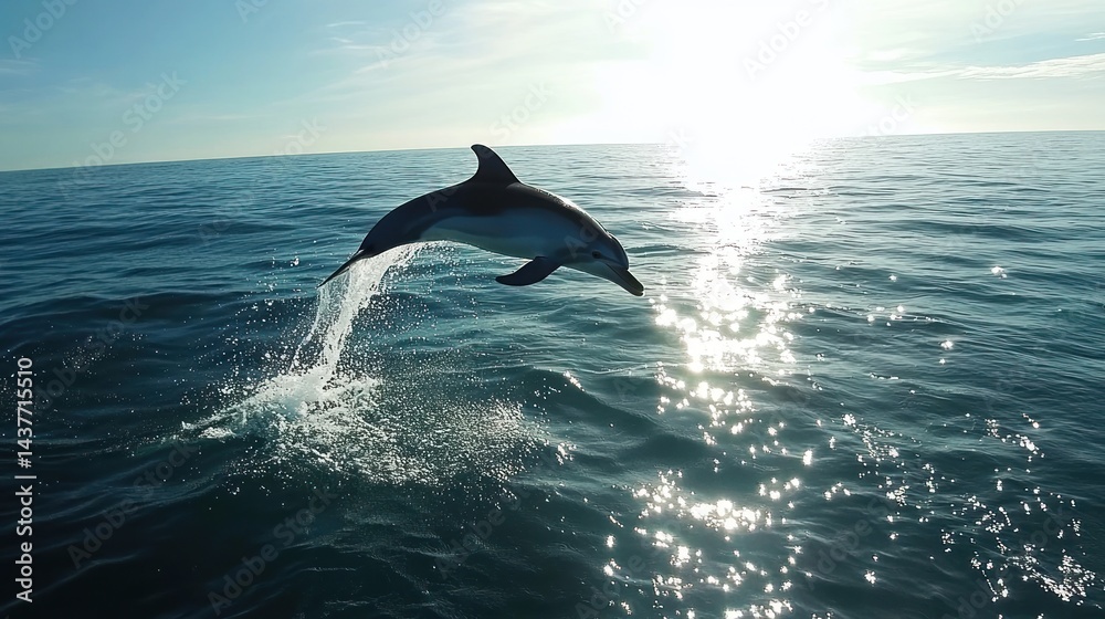 Fototapeta premium A playful dolphin jumping out of the turquoise ocean