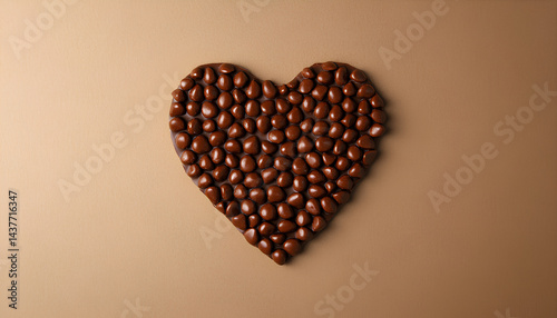 Heart made with delicious chocolate candies on brown background, top view