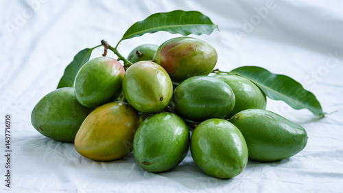 Wallpaper Mural Fresh Green Mangoes with Leaves on White Background Torontodigital.ca